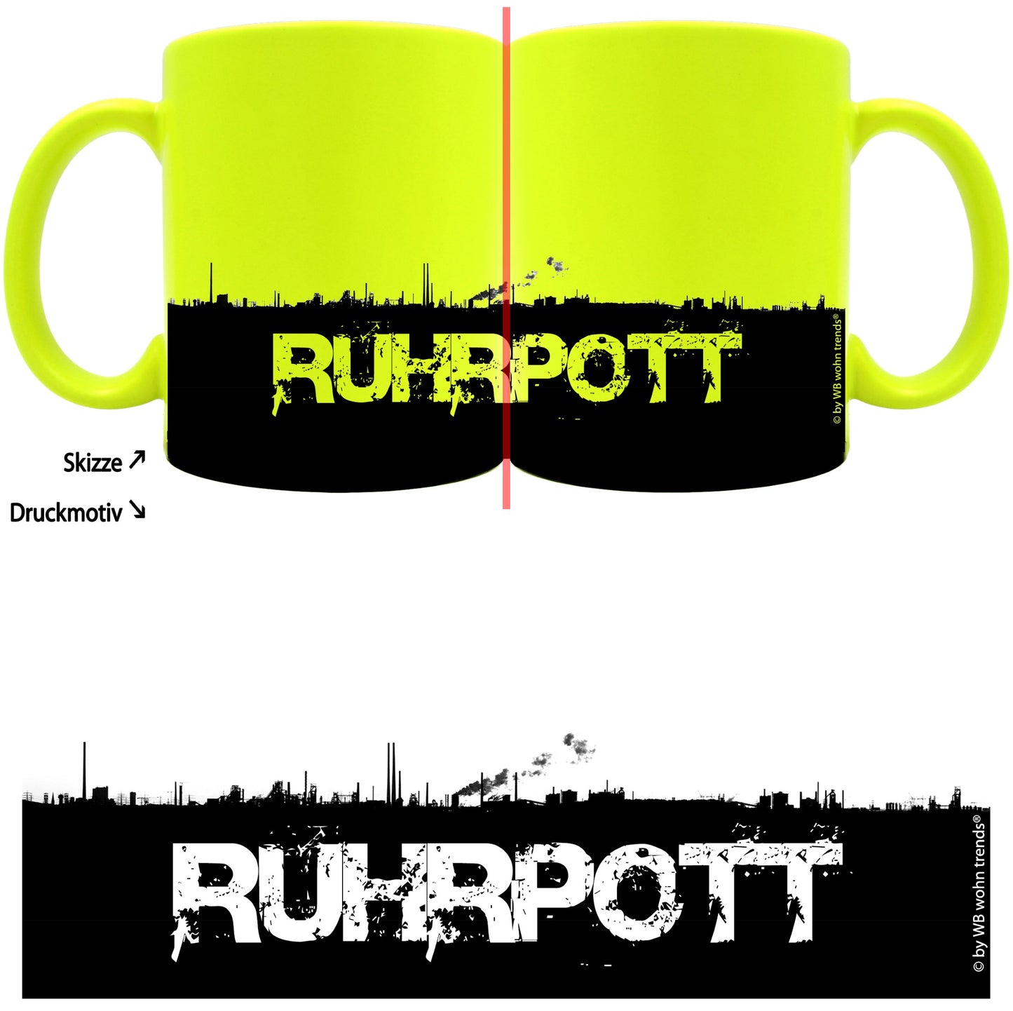 knallige Tasse mit rundum Motiv: RUHRPOTT Skyline, Farbe: neon-gelb, Kaffee-Becher mit Motiv