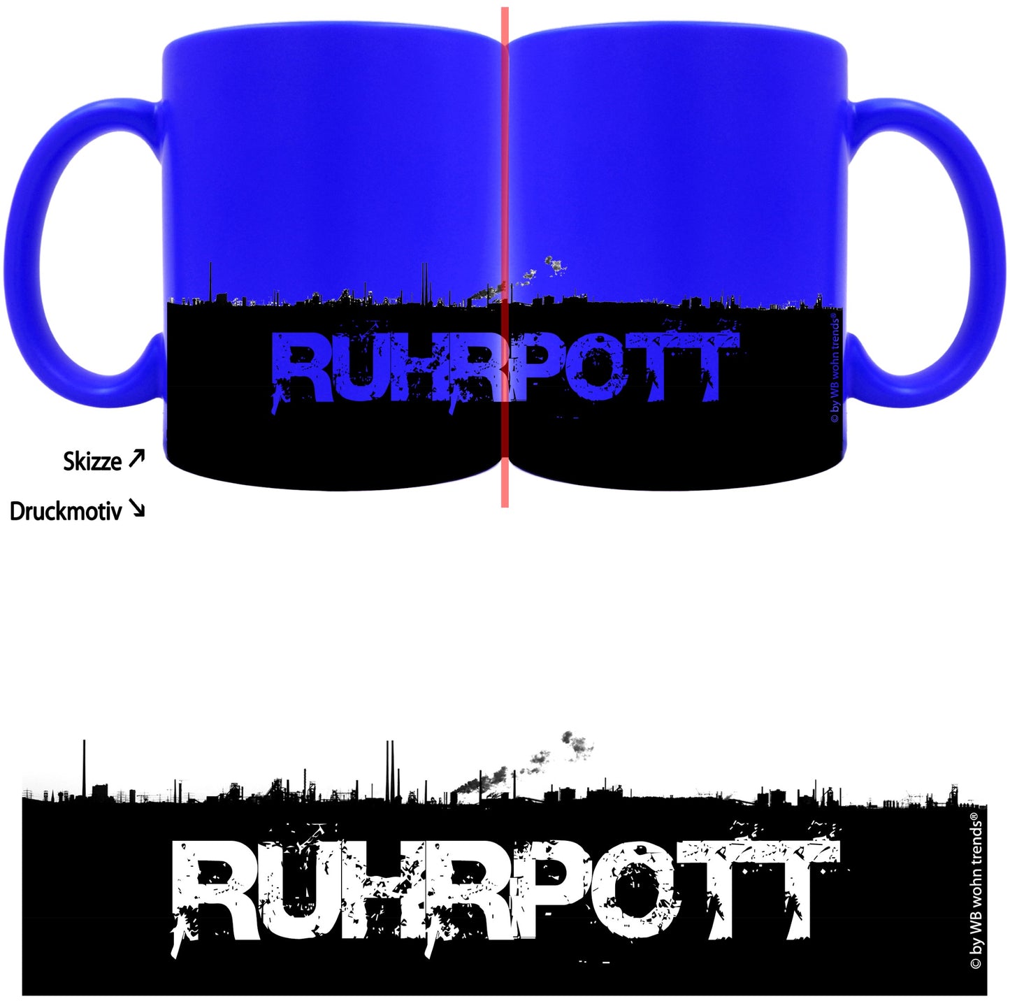 knallige Tasse mit rundum Motiv: RUHRPOTT Skyline, Farbe: neon-blau, Kaffee-Becher mit Motiv