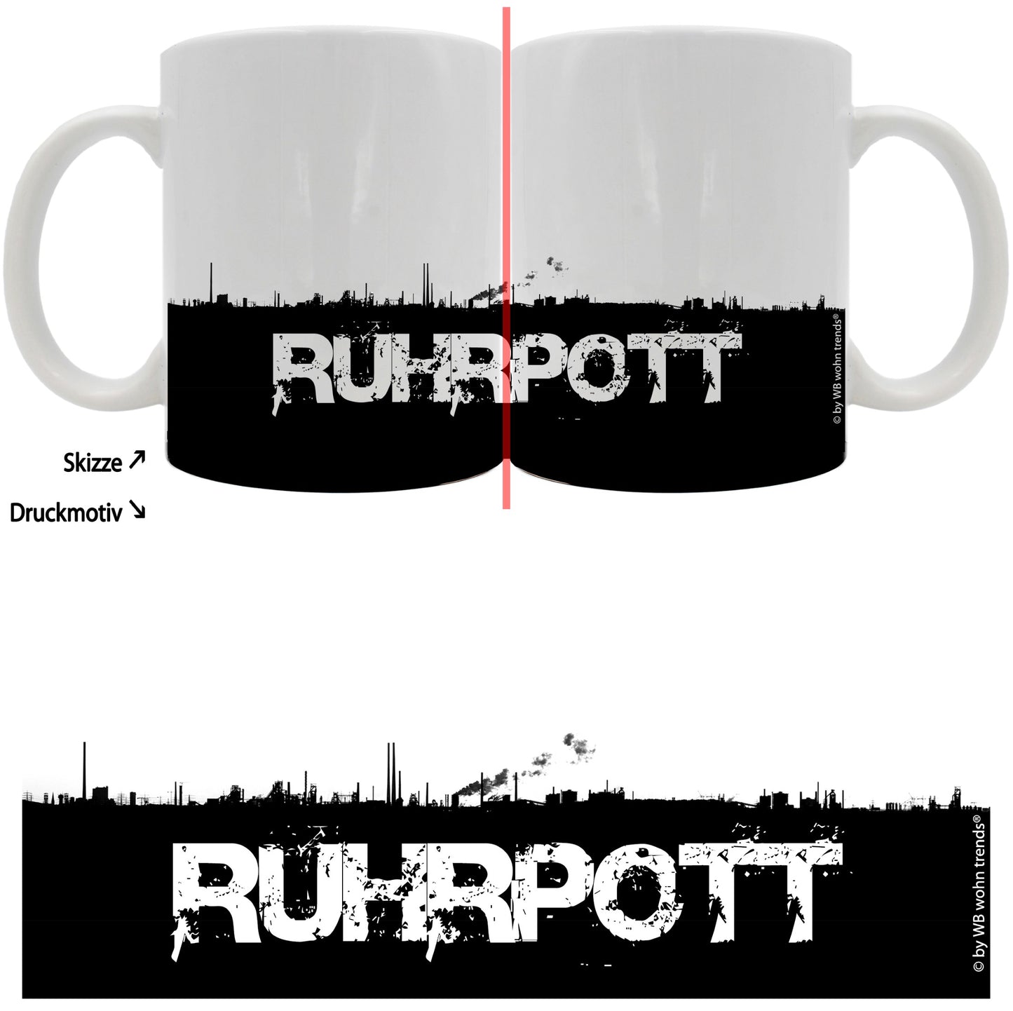 Tasse mit rundum Motiv: RUHRPOTT Skyline, Farbe: weiß, Kaffee-Becher mit Motiv