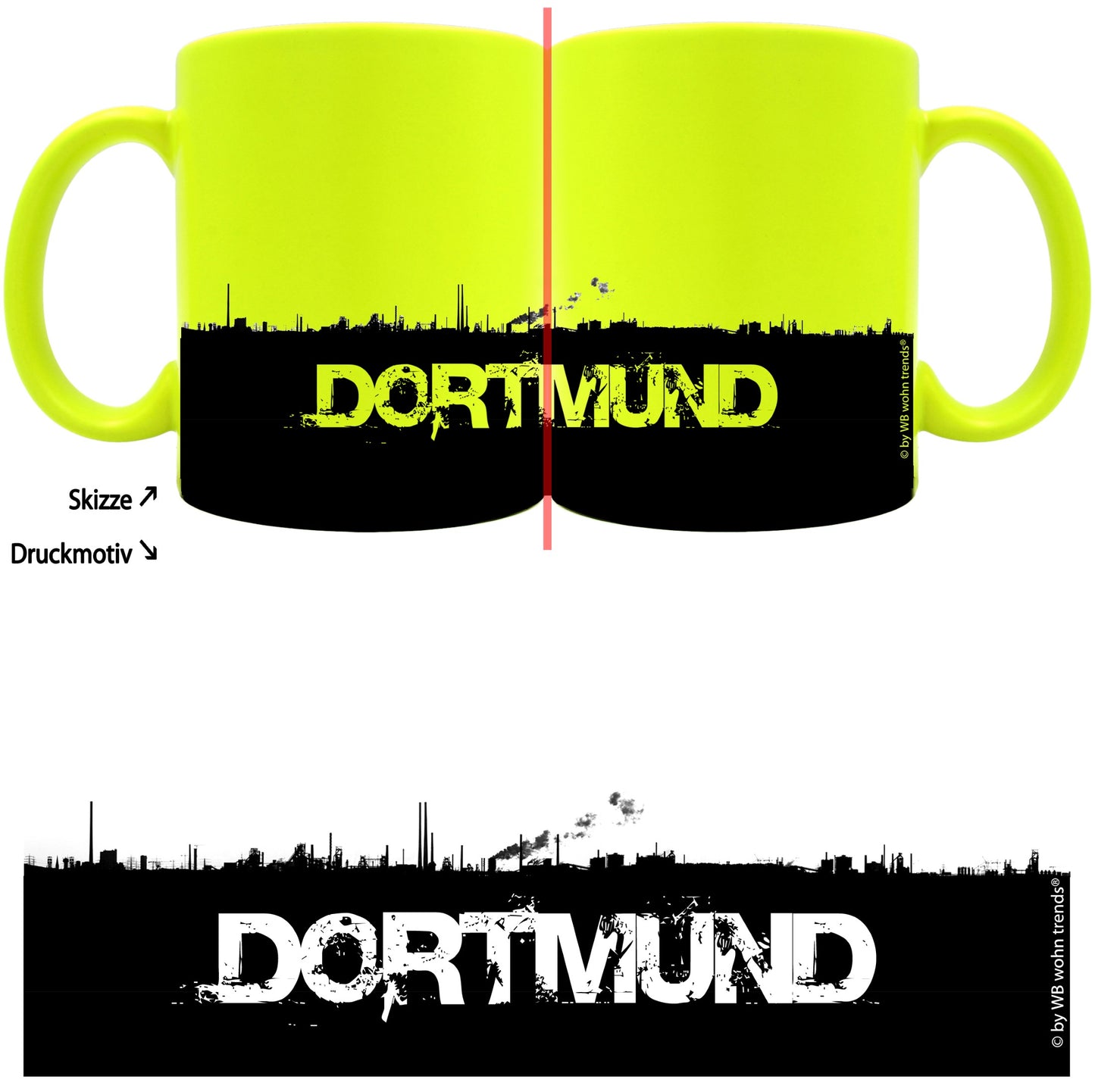 knallige Tasse mit rundum Motiv: DORTMUND Skyline, Farbe: neon-gelb, Kaffee-Becher mit Motiv