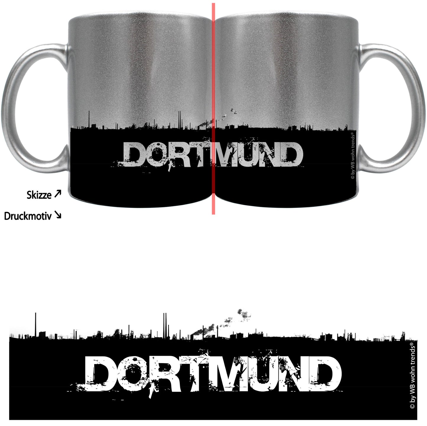 knallige Tasse mit rundum Motiv: DORTMUND Skyline, Farbe: silber-metallic, Kaffee-Becher mit Motiv