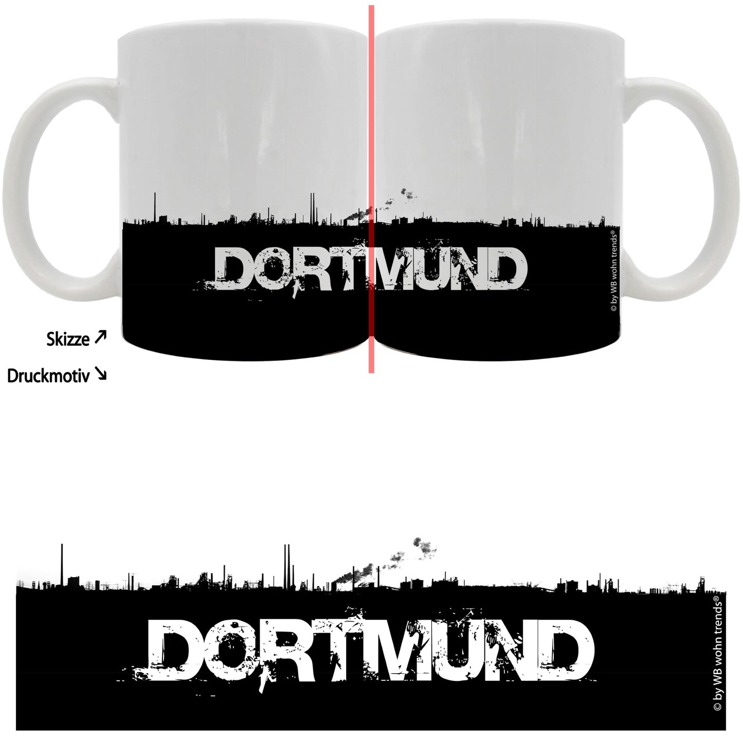 Tasse mit rundum Motiv: DORTMUND Skyline, Farbe: weiß, Kaffee-Becher mit Motiv