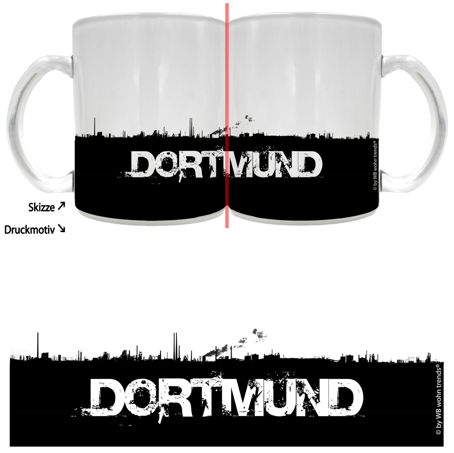 Tee-Glas mit rundum Motiv: DORTMUND Skyline, Farbe: Milchglas, Kaffee-Tasse mit Motiv