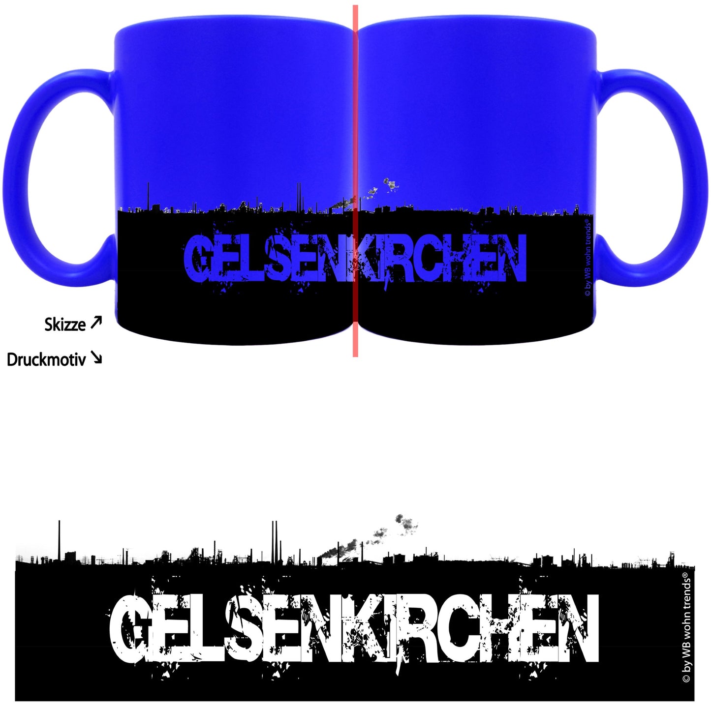 knallige Tasse mit rundum Motiv: GELSENKIRCHEN Skyline, Farbe: neon-blau, Kaffee-Becher mit Motiv