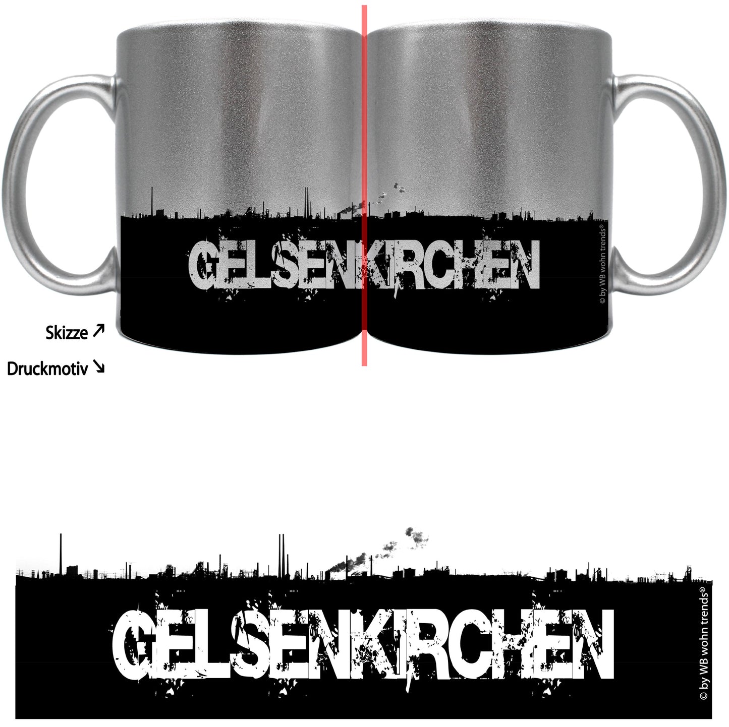 knallige Tasse mit rundum Motiv: GELSENKIRCHEN Skyline, Farbe: silber-metallic, Kaffee-Becher mit Motiv