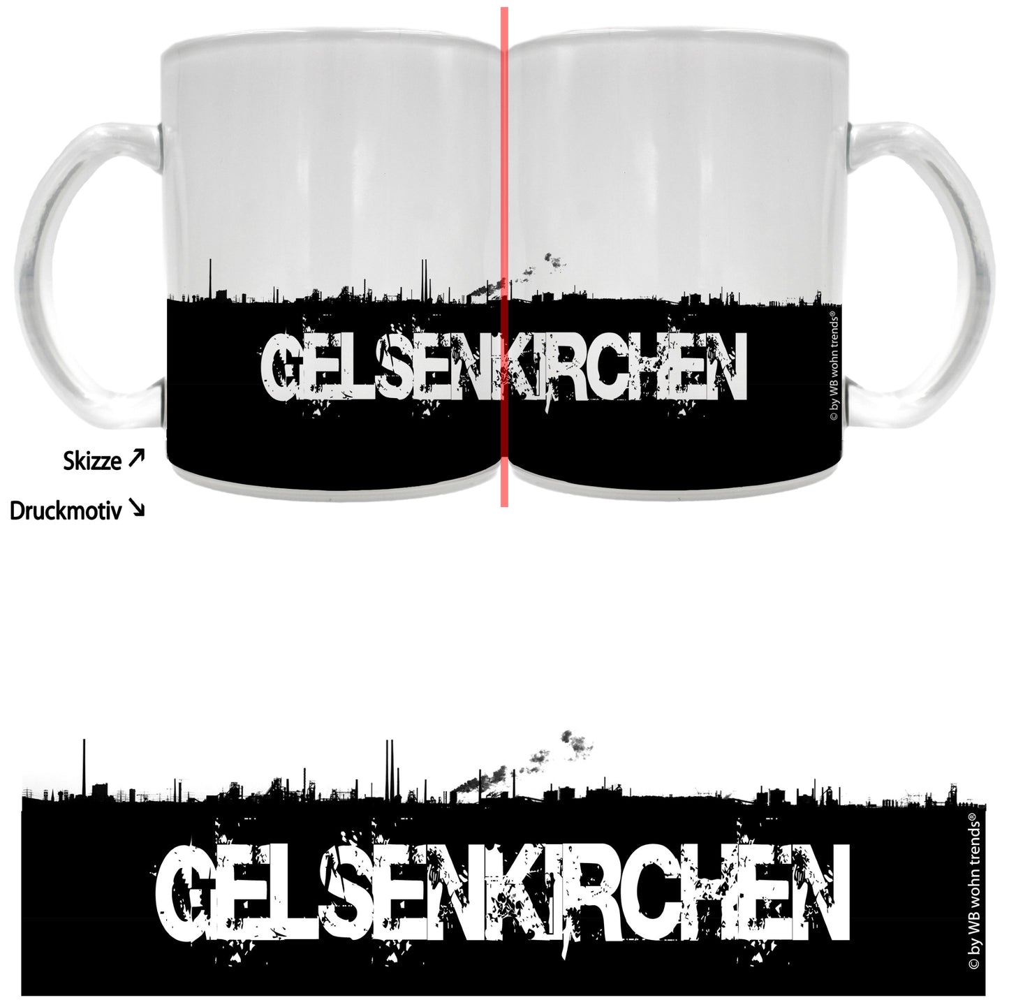 Tee-Glas mit rundum Motiv: GELSENKIRCHEN Skyline, Farbe: Milchglas, Kaffee-Tasse mit Motiv