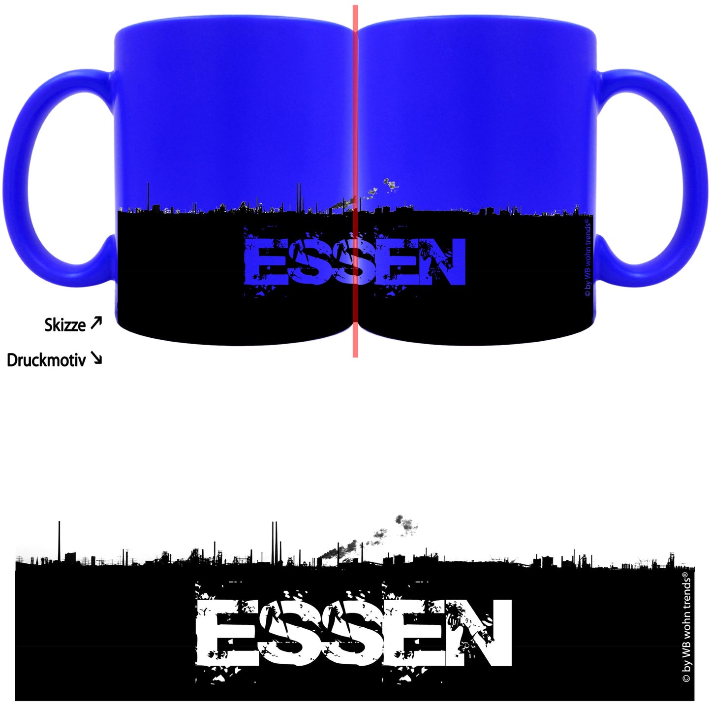 knallige Tasse mit rundum Motiv: ESSEN Skyline, Farbe: neon-blau, Kaffee-Becher mit Motiv