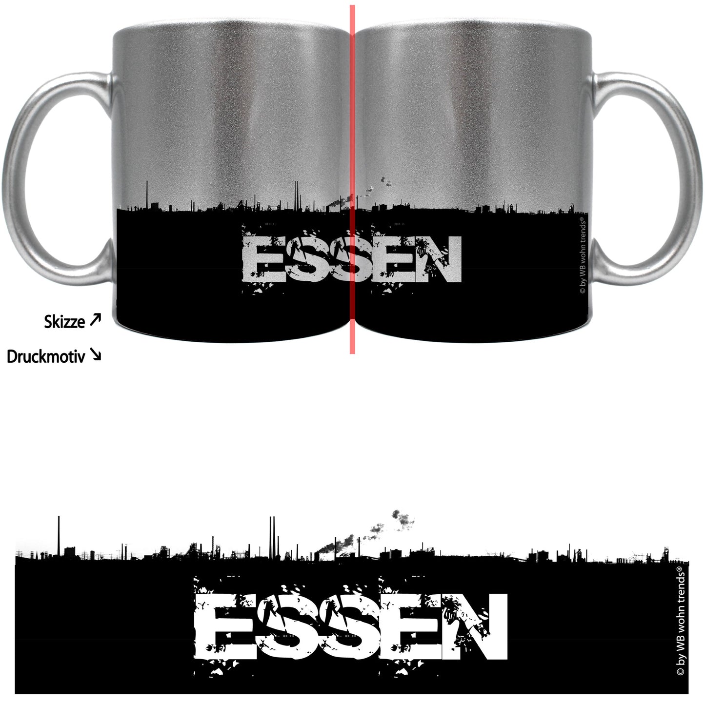 knallige Tasse mit rundum Motiv: ESSEN Skyline, Farbe: silber-metallic, Kaffee-Becher mit Motiv