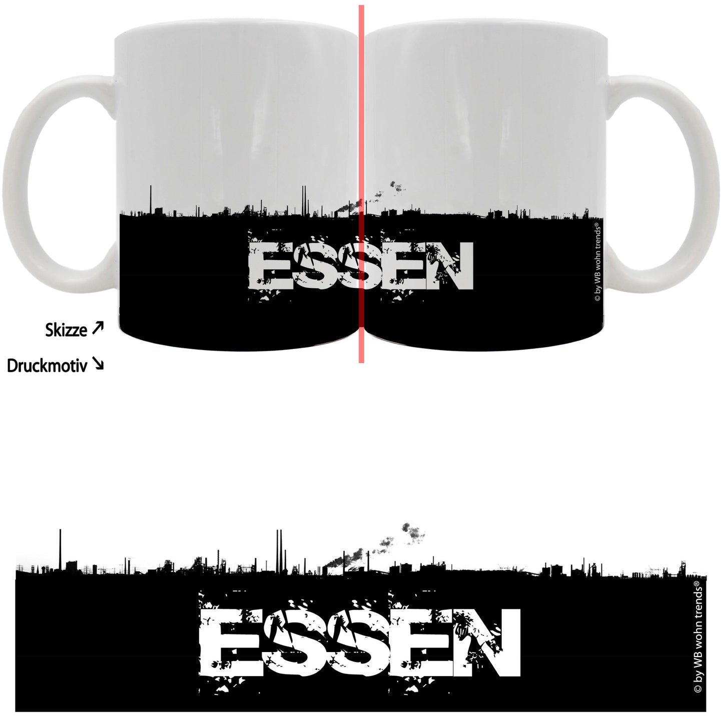 Tasse mit rundum Motiv: ESSEN Skyline, Farbe: weiß, Kaffee-Becher mit Motiv