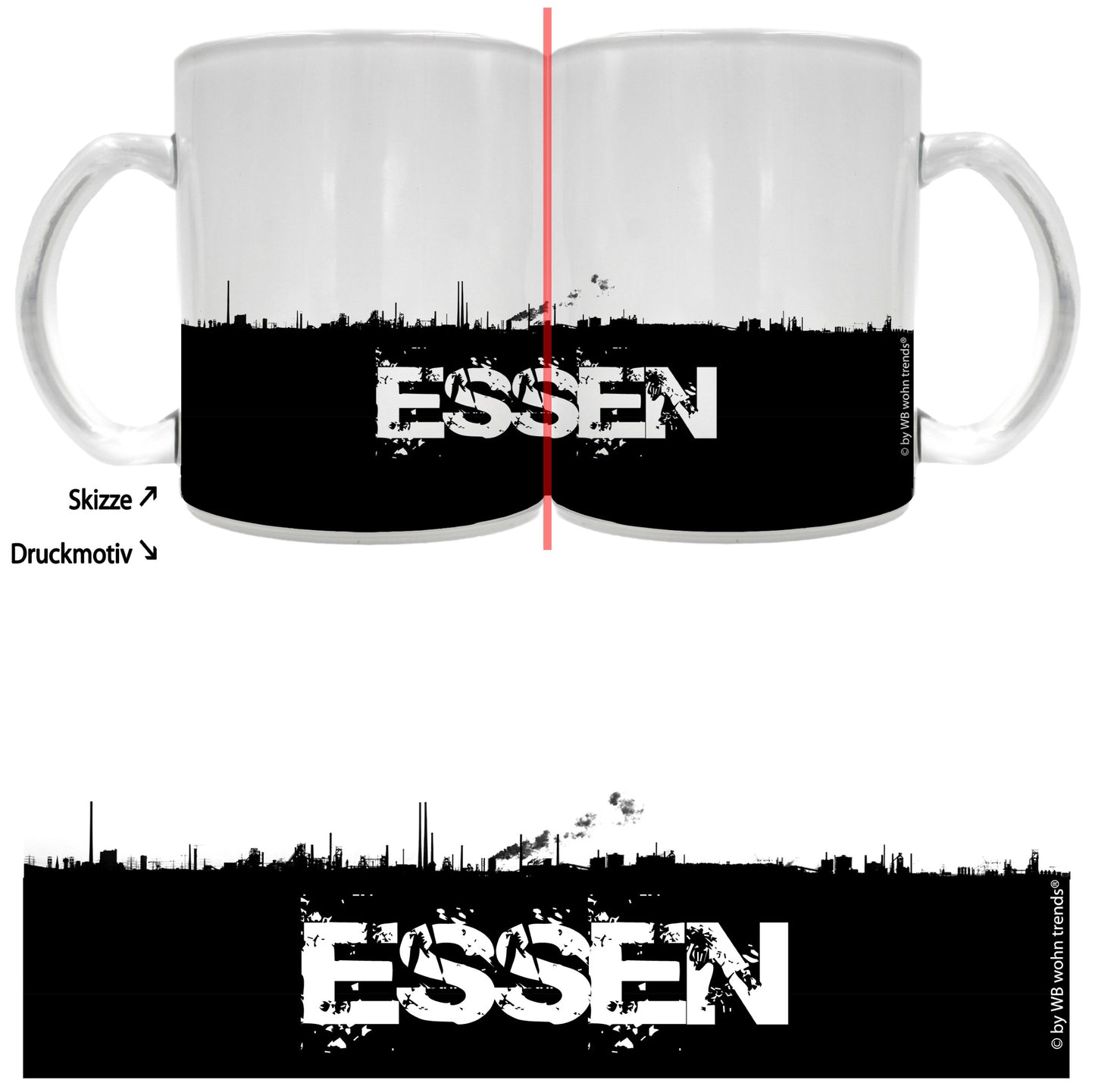Tee-Glas mit rundum Motiv: ESSEN Skyline, Farbe: Milchglas, Kaffee-Tasse mit Motiv