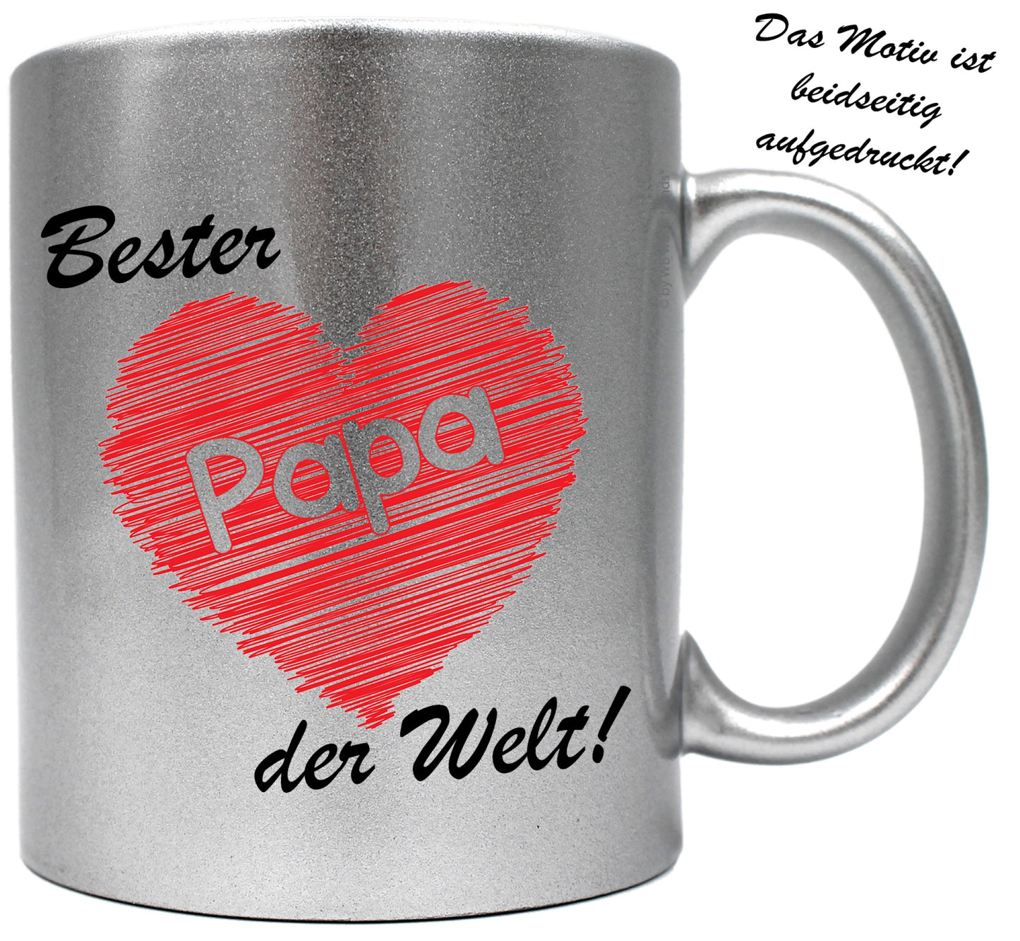 knallige Tasse mit beidseitigem Motiv, Bester Papa der Welt, Farbe: silber-metallic, Kaffee-Becher mit Motiv