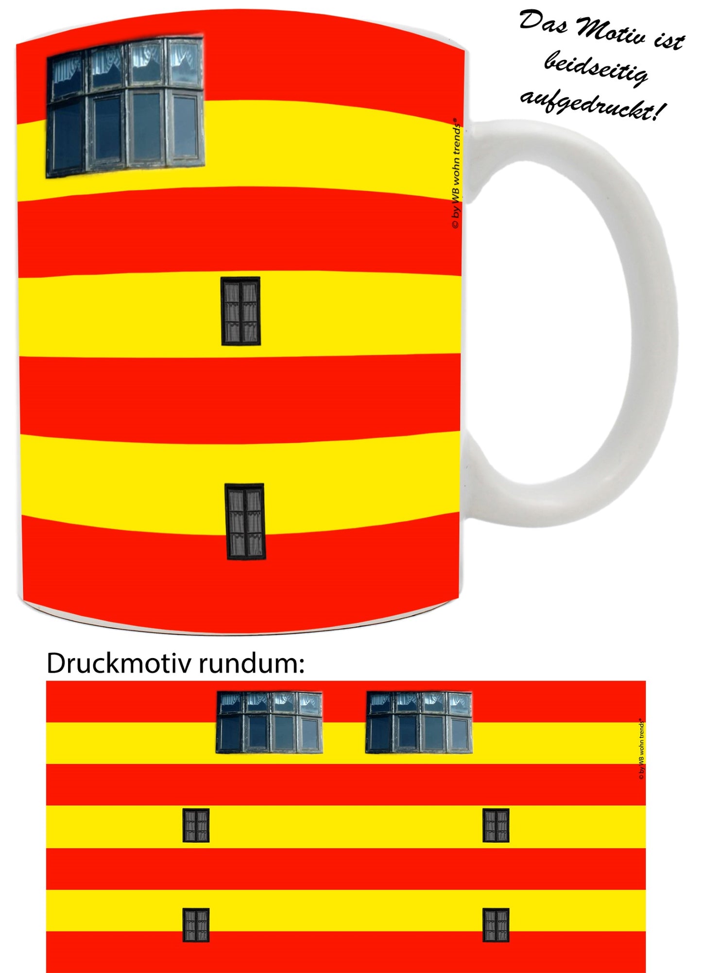 Tasse mit rundum Motiv: Leuchtturm Pilsum, Farbe: weiß, Kaffee-Becher mit Motiv