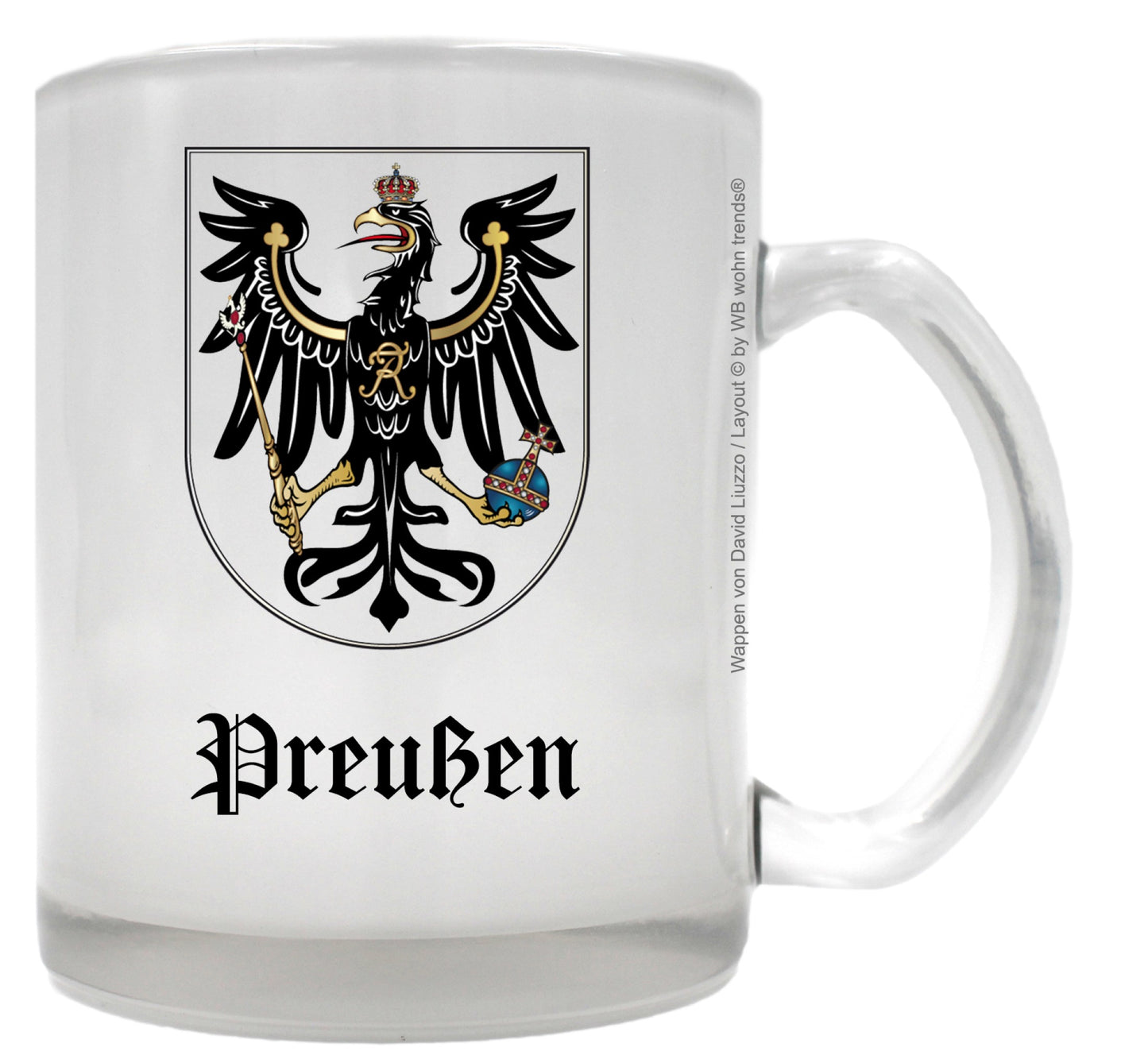 Tee-Glas mit beidseitigem Motiv, Preußen Wappen mit Schriftzug, Farbe: Milchglas, Kaffee-Tasse mit Motiv