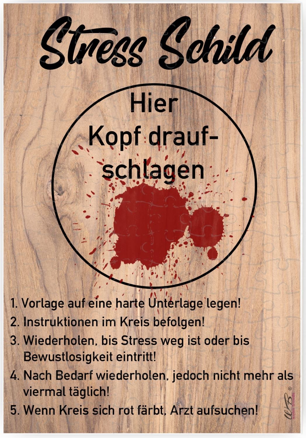Puzzle-Botschaft eckig, Stress-Schild Kopf drauf-schlagen, 120 Teile 27x18cm inkl. Geschenk-Beutel