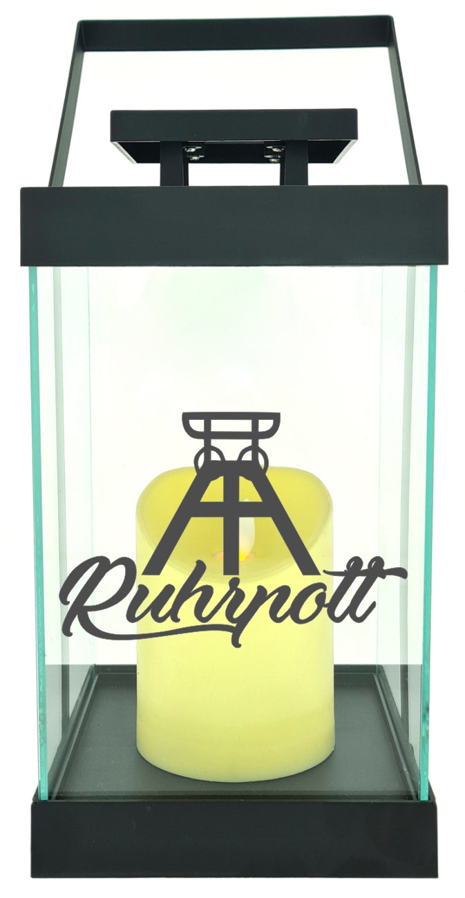Edle Glas-Laterne mit LED-Kerze, Ruhrpott Förderturm, Timer, 35cm hoch mit Bügel, 24,5x13x13cm, Batterie LED-Licht LED-Laterne LED-Lampe mit Text Spruch