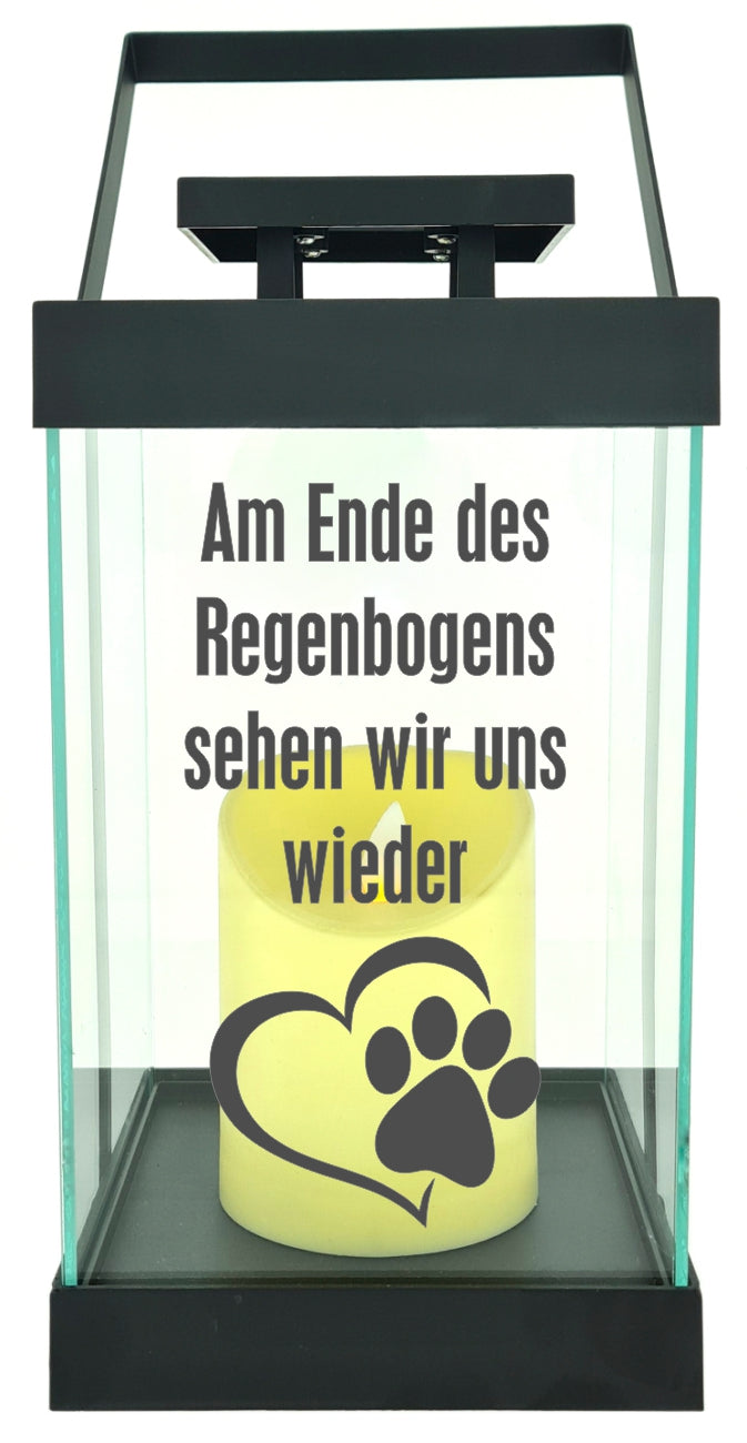 Edle Glas-Laterne mit LED-Kerze, Am Ende des Regenbogens sehen wir uns wieder Tier-Pfote, Timer, 35cm hoch mit Bügel, 24,5x13x13cm, Batterie LED-Licht LED-Laterne LED-Lampe Text Spruch Trauer-Licht