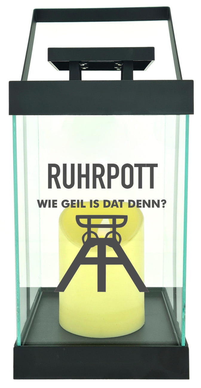 Edle Glas-Laterne mit LED-Kerze, Ruhrpott wie geil is dat denn, Timer, 35cm hoch mit Bügel, 24,5x13x13cm, Batterie LED-Licht LED-Laterne LED-Lampe mit Text Spruch