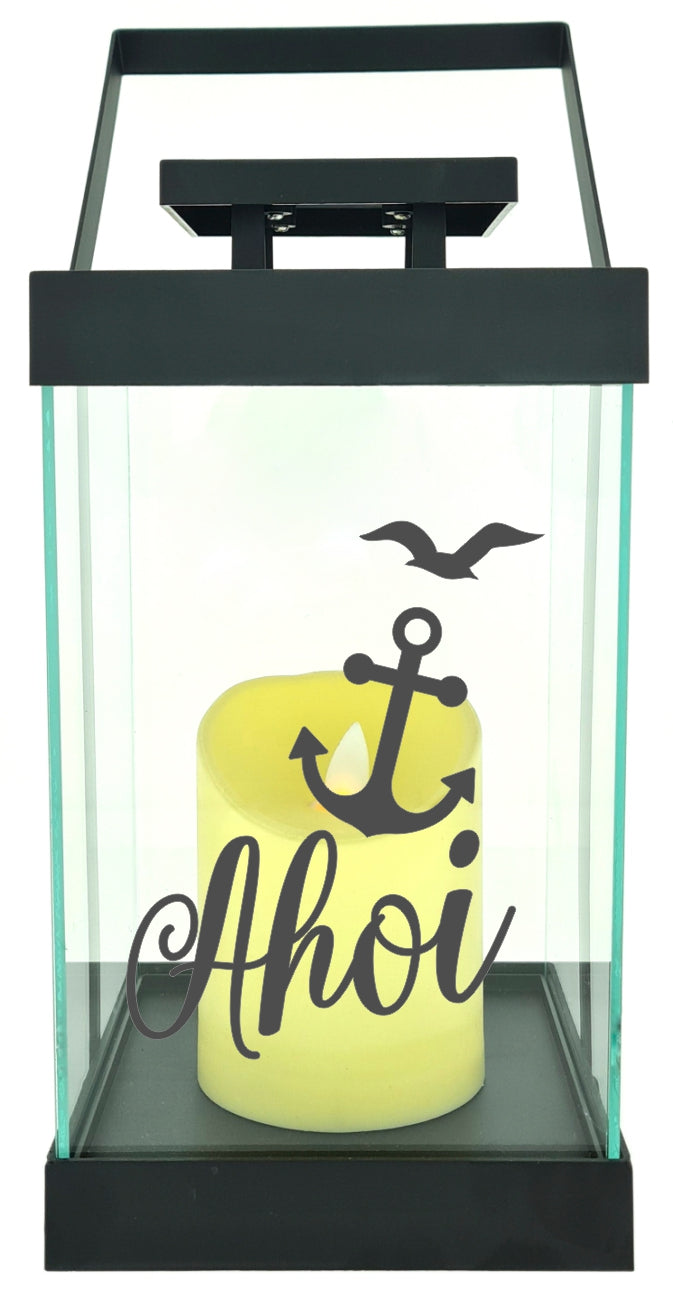 Edle Glas-Laterne mit LED-Kerze, Ahoi Anker Möwen maritim, Timer, 35cm hoch mit Bügel, 24,5x13x13cm, Batterie LED-Licht LED-Laterne LED-Lampe mit Text Spruch