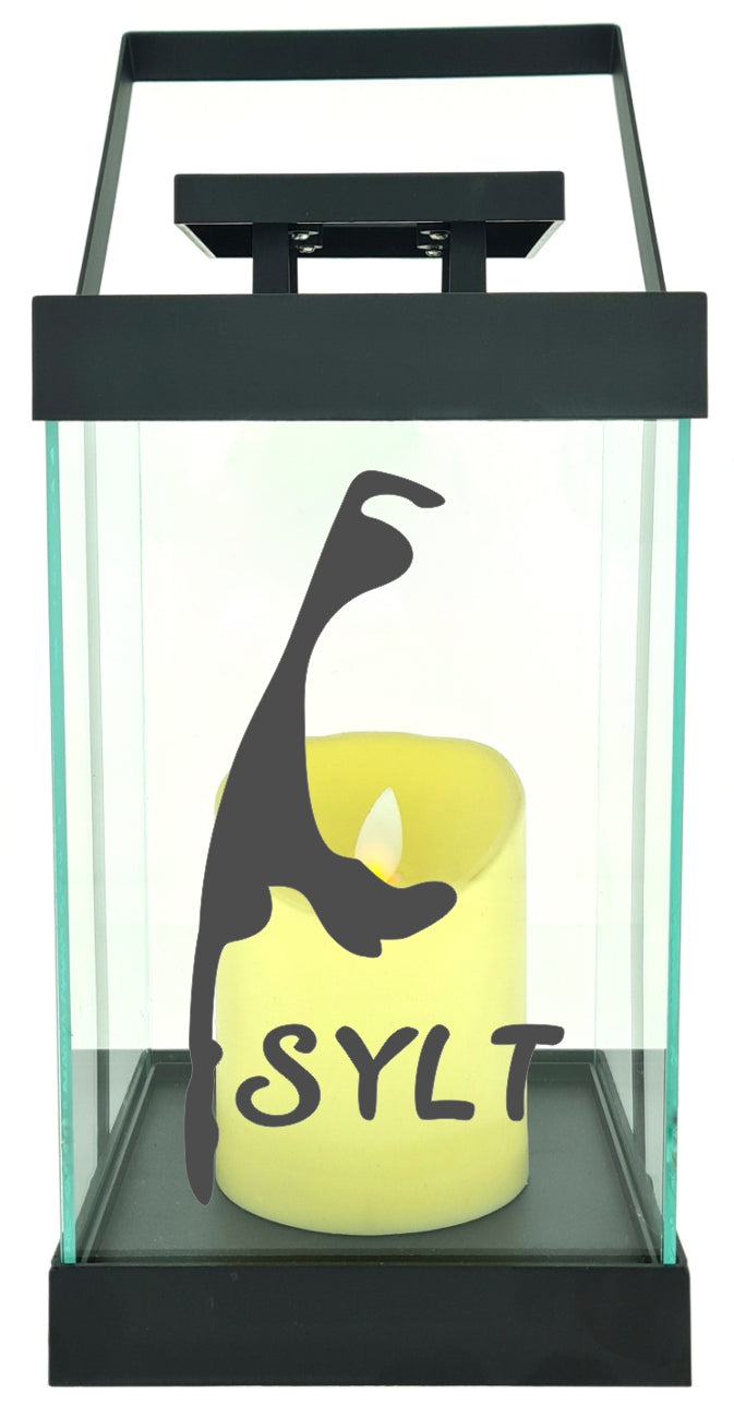 Edle Glas-Laterne mit LED-Kerze, Insel Sylt maritim, Timer, 35cm hoch mit Bügel, 24,5x13x13cm, Batterie LED-Licht LED-Laterne LED-Lampe mit Text Spruch