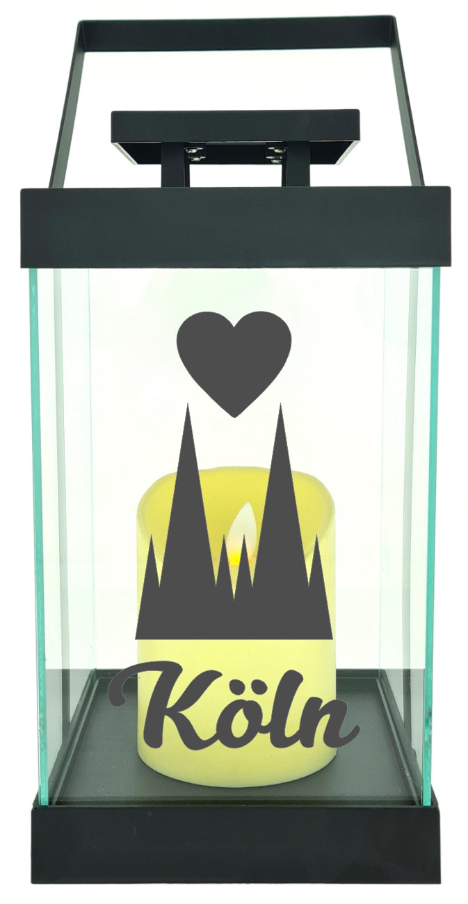 Edle Glas-Laterne mit LED-Kerze, Kölner Dom Herz Köln, Timer, 35cm hoch mit Bügel, 24,5x13x13cm, Batterie LED-Licht LED-Laterne LED-Lampe mit Text Spruch
