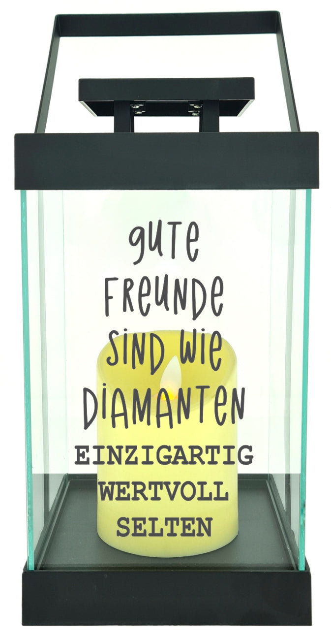 Edle Glas-Laterne mit LED-Kerze, Gute Freunde sind wie Diamanten, Timer, 35cm hoch mit Bügel, 24,5x13x13cm, Batterie LED-Licht LED-Laterne LED-Lampe mit Text Spruch