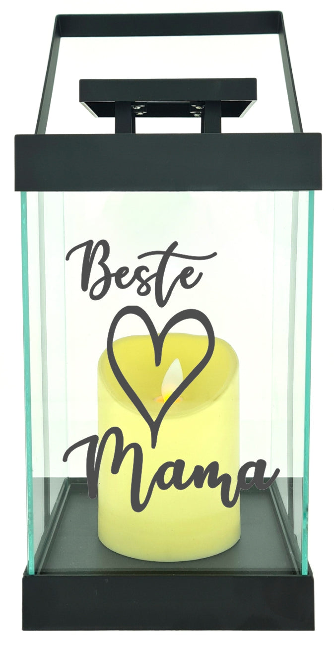 Edle Glas-Laterne mit LED-Kerze, Beste Mama Herz, Timer, 35cm hoch mit Bügel, 24,5x13x13cm, Batterie LED-Licht LED-Laterne LED-Lampe mit Text Spruch