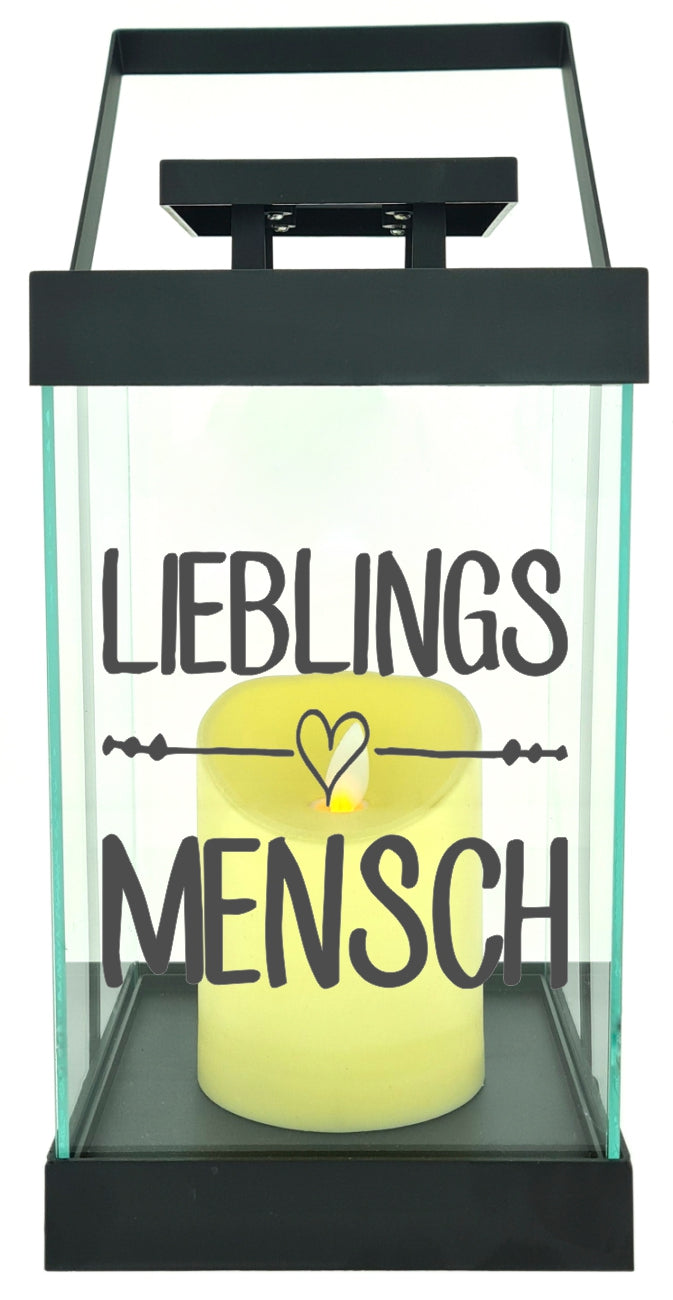 Edle Glas-Laterne mit LED-Kerze, Lieblings-Mensch Herz, Timer, 35cm hoch mit Bügel, 24,5x13x13cm, Batterie LED-Licht LED-Laterne LED-Lampe mit Text Spruch