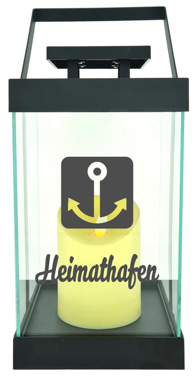 Edle Glas-Laterne mit LED-Kerze, Heimathafen Anker maritim, Timer, 35cm hoch mit Bügel, 24,5x13x13cm, Batterie LED-Licht LED-Laterne LED-Lampe mit Text Spruch