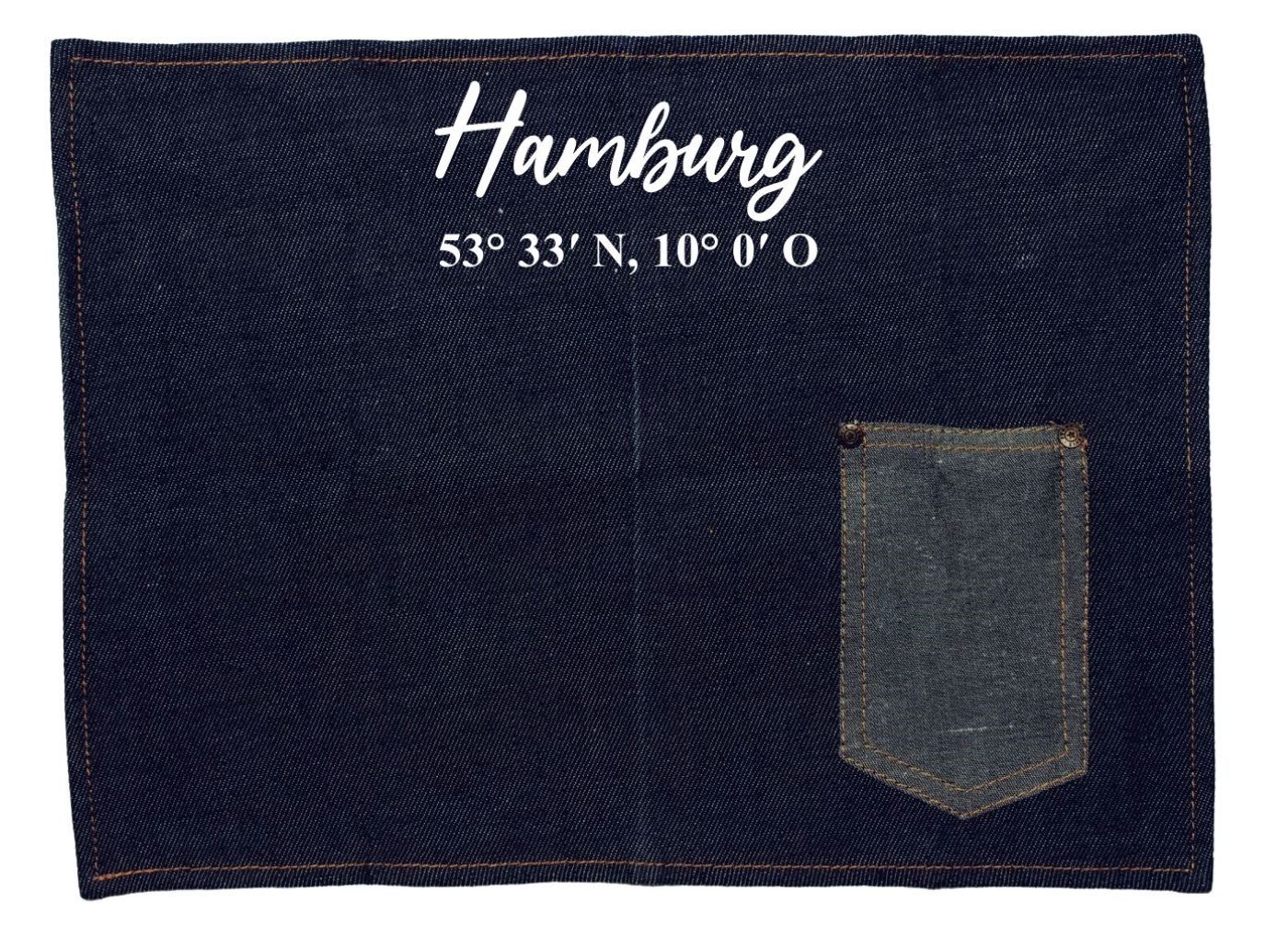 Platzset Jeans-Stoff, Hamburg mit Koordinaten, mit Tasche für Messer und Gabel 40x30cm blau weiß Textil-Untersetzer Tisch-Set