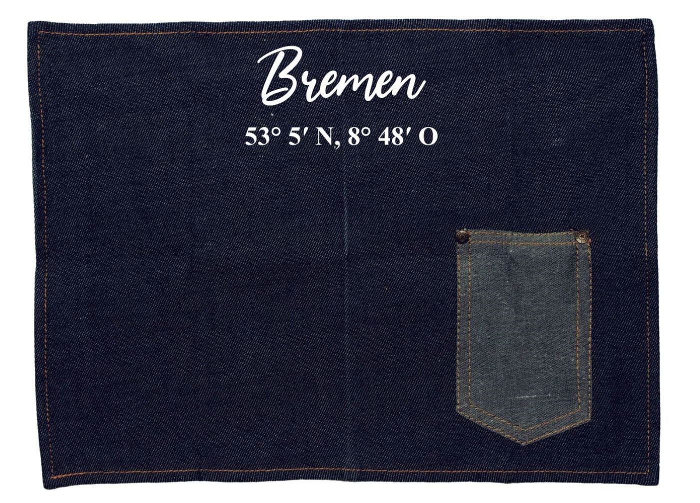 Platzset Jeans-Stoff, Bremen mit Koordinaten, mit Tasche für Messer und Gabel 40x30cm blau weiß Textil-Untersetzer Tisch-Set
