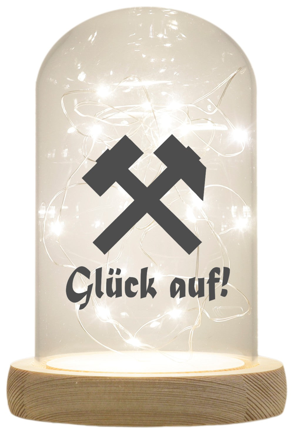 LED-Glaskuppel, Glück auf! Schlägel und Eisen, 16,5x11cm, Glasglocke mit LED-Licht und Holz-Fuß LED-Laterne LED-Lampe mit Text Spruch