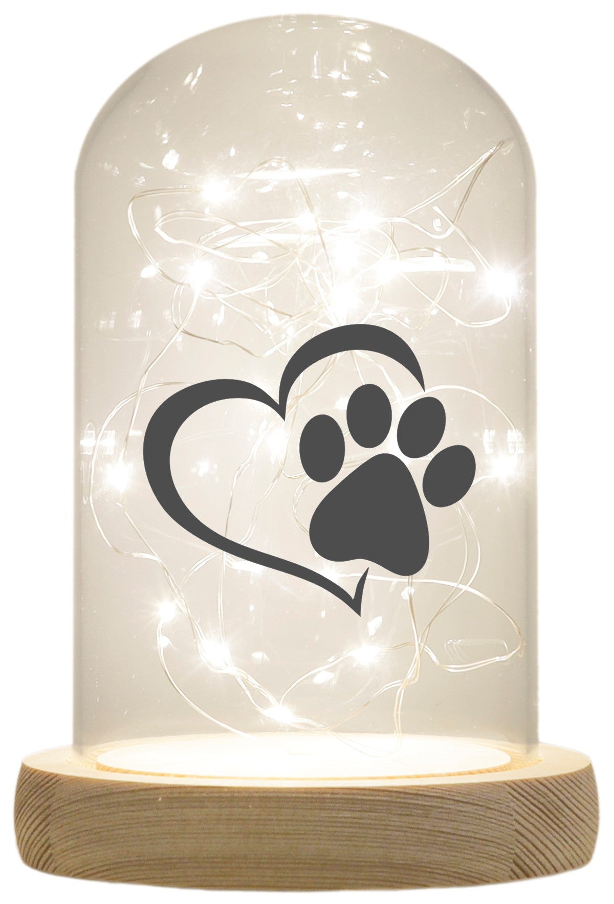 LED-Glaskuppel, Tier-Pfote Katze Hund Regenbogen-Brücke, 16,5x11cm, Glasglocke mit LED-Licht und Holz-Fuß LED-Laterne LED-Lampe mit Text Spruch