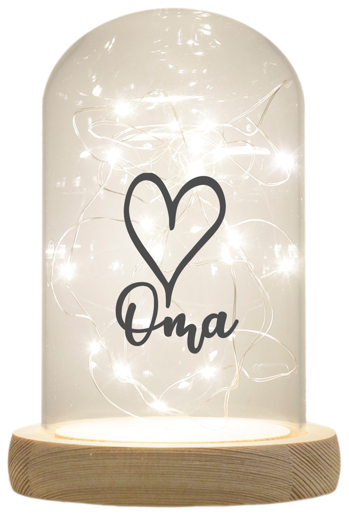 LED-Glaskuppel, Oma Herz, 16,5x11cm, Glasglocke mit LED-Licht und Holz-Fuß LED-Laterne LED-Lampe mit Text Spruch