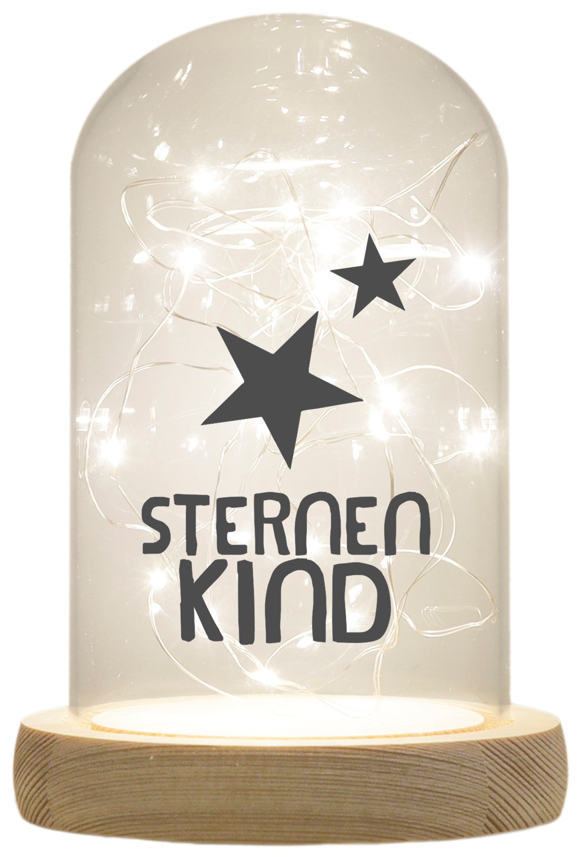 LED-Glaskuppel, Sternenkind, 16,5x11cm, Glasglocke mit LED-Licht und Holz-Fuß LED-Laterne LED-Lampe mit Text Spruch