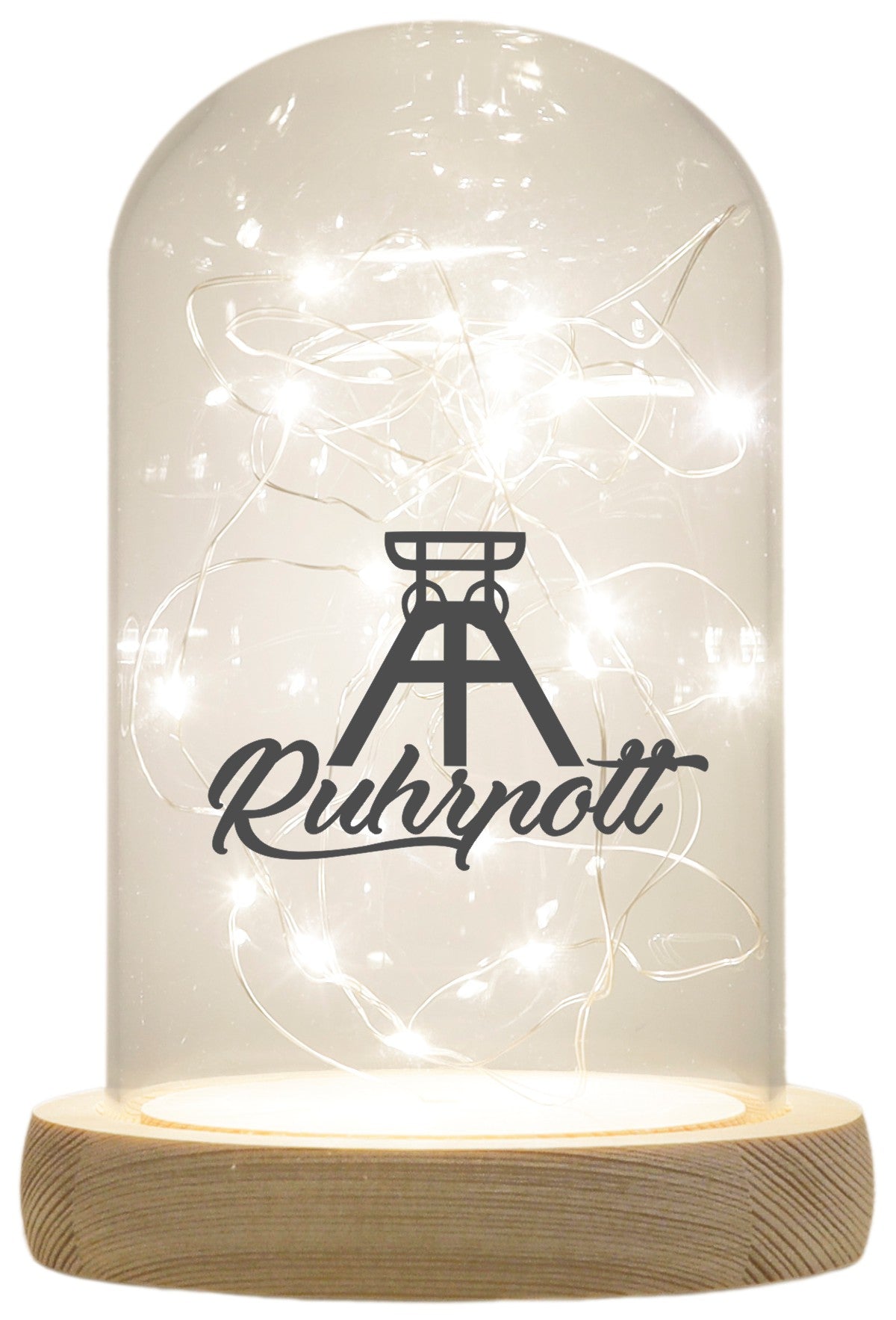 LED-Glaskuppel, Ruhrpott Förderturm, 16,5x11cm, Glasglocke mit LED-Licht und Holz-Fuß LED-Laterne LED-Lampe mit Text Spruch