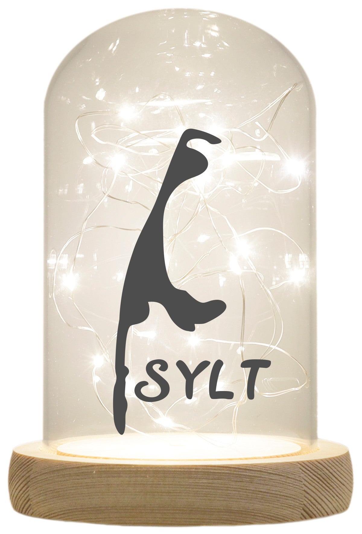 LED-Glaskuppel, Insel Sylt Silhouette, 16,5x11cm, Glasglocke mit LED-Licht und Holz-Fuß LED-Laterne LED-Lampe mit Text Spruch