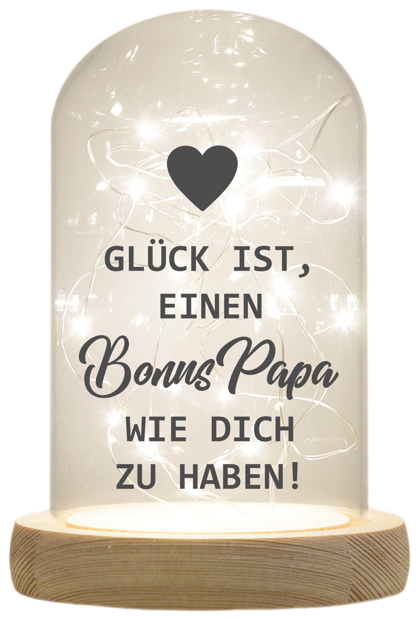LED-Glaskuppel, Glück ist einen Bonus-Papa wie dich zu haben, 16,5x11cm, Glasglocke mit LED-Licht und Holz-Fuß LED-Laterne LED-Lampe mit Text Spruch