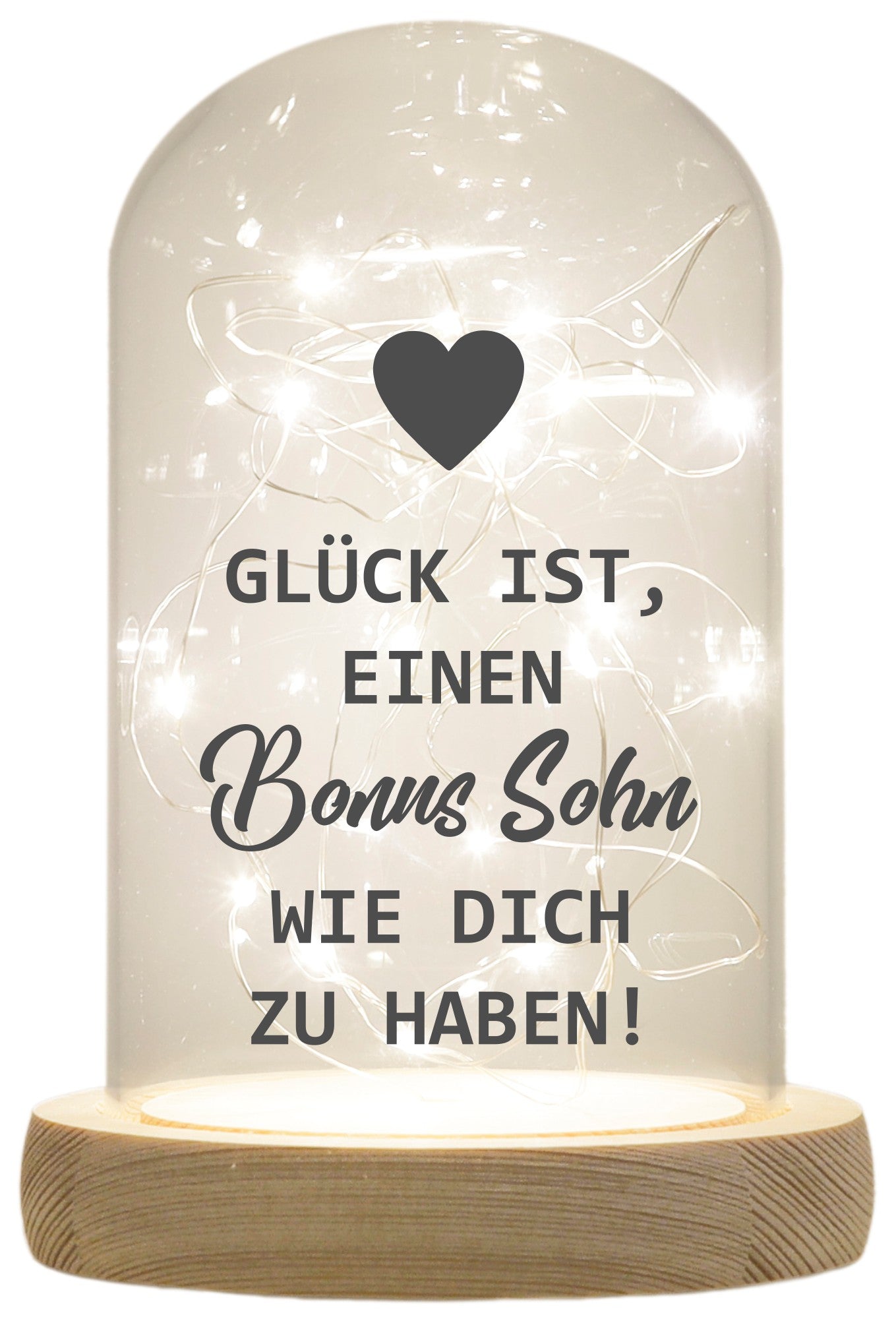 LED-Glaskuppel, Glück ist einen Bonus-Sohn wie dich zu haben, 16,5x11cm, Glasglocke mit LED-Licht und Holz-Fuß LED-Laterne LED-Lampe mit Text Spruch