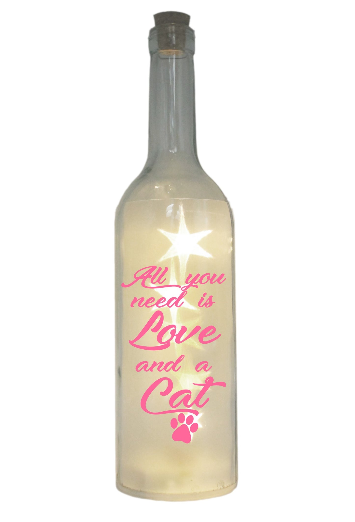 LED-Flasche mit Motiv, All you need is Love and a Cat, rosa, 29cm, Flaschen-Licht Lampe mit Text Spruch