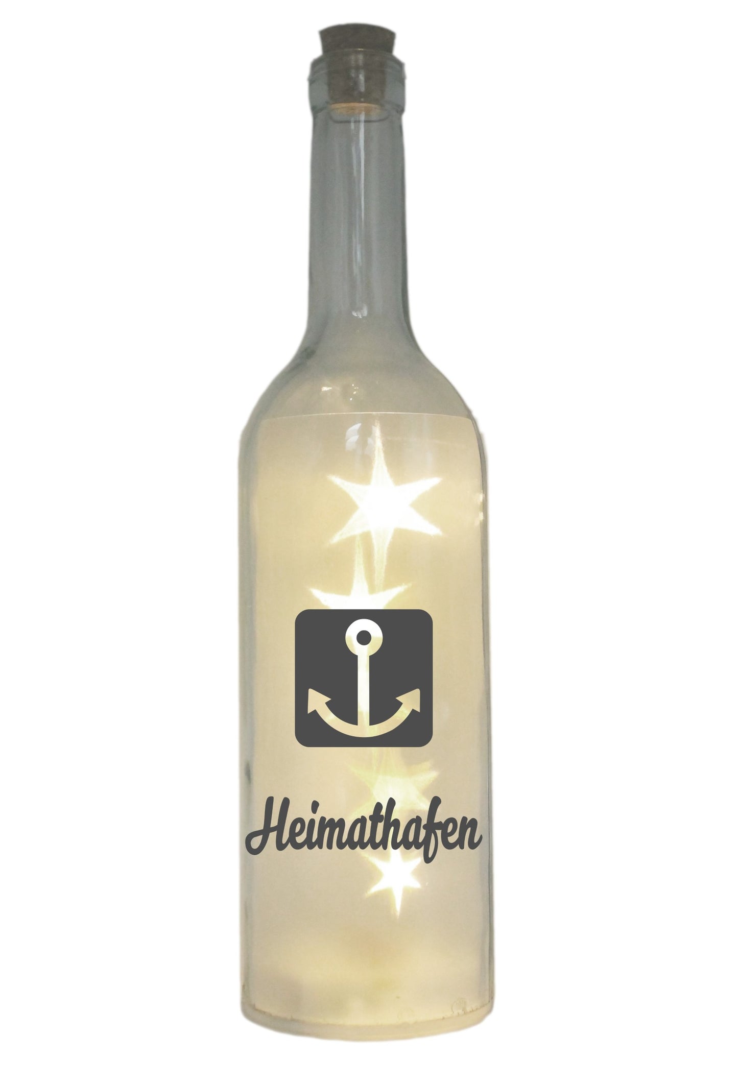 LED-Flasche mit Motiv, Heimathafen Anker, grau, 29cm, Flaschen-Licht Lampe mit Text Spruch