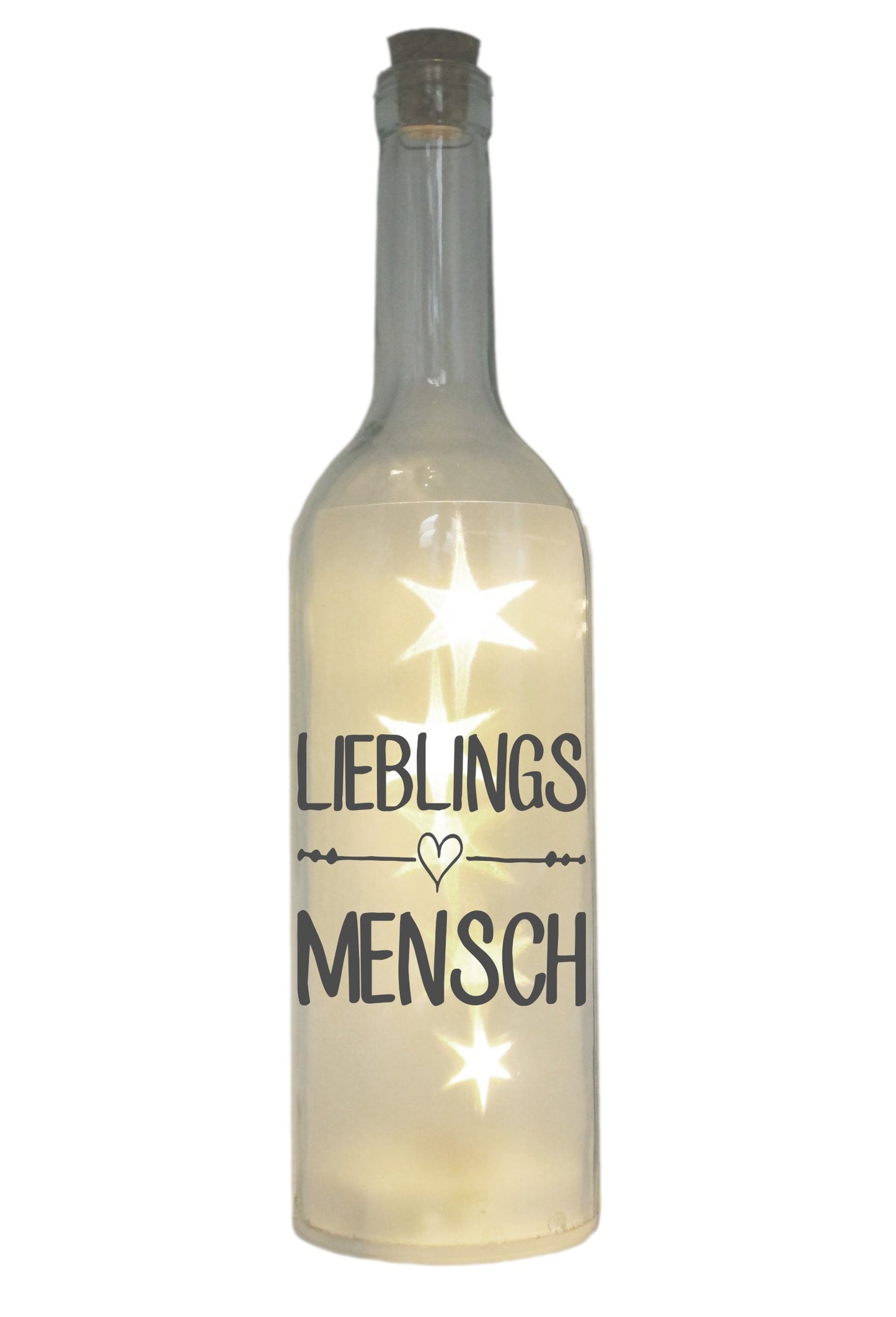 LED-Flasche mit Motiv, Lieblingsmensch, grau, 29cm, Flaschen-Licht Lampe mit Text Spruch