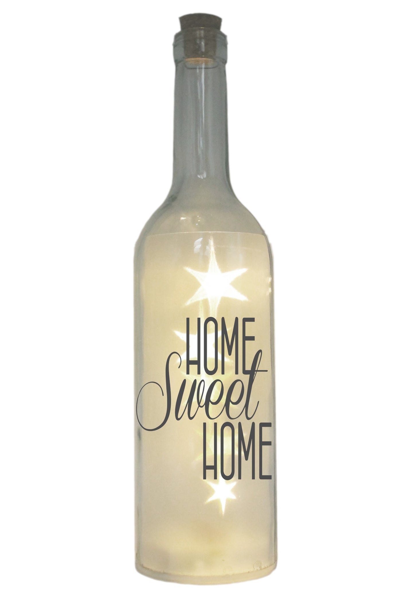 LED-Flasche mit Motiv, Home Sweet Home, grau, 29cm, Flaschen-Licht Lampe mit Text Spruch