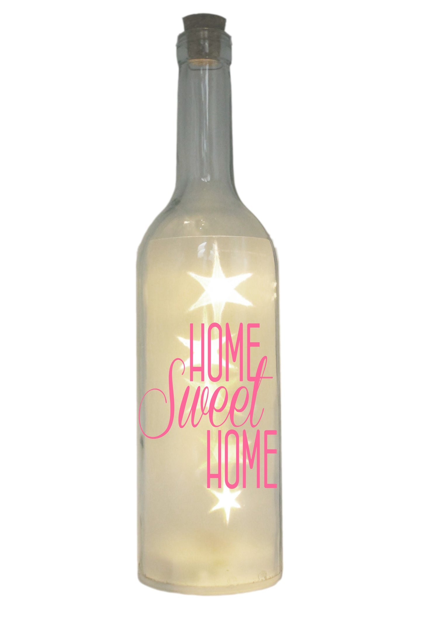 LED-Flasche mit Motiv, Home Sweet Home, rosa, 29cm, Flaschen-Licht Lampe mit Text Spruch