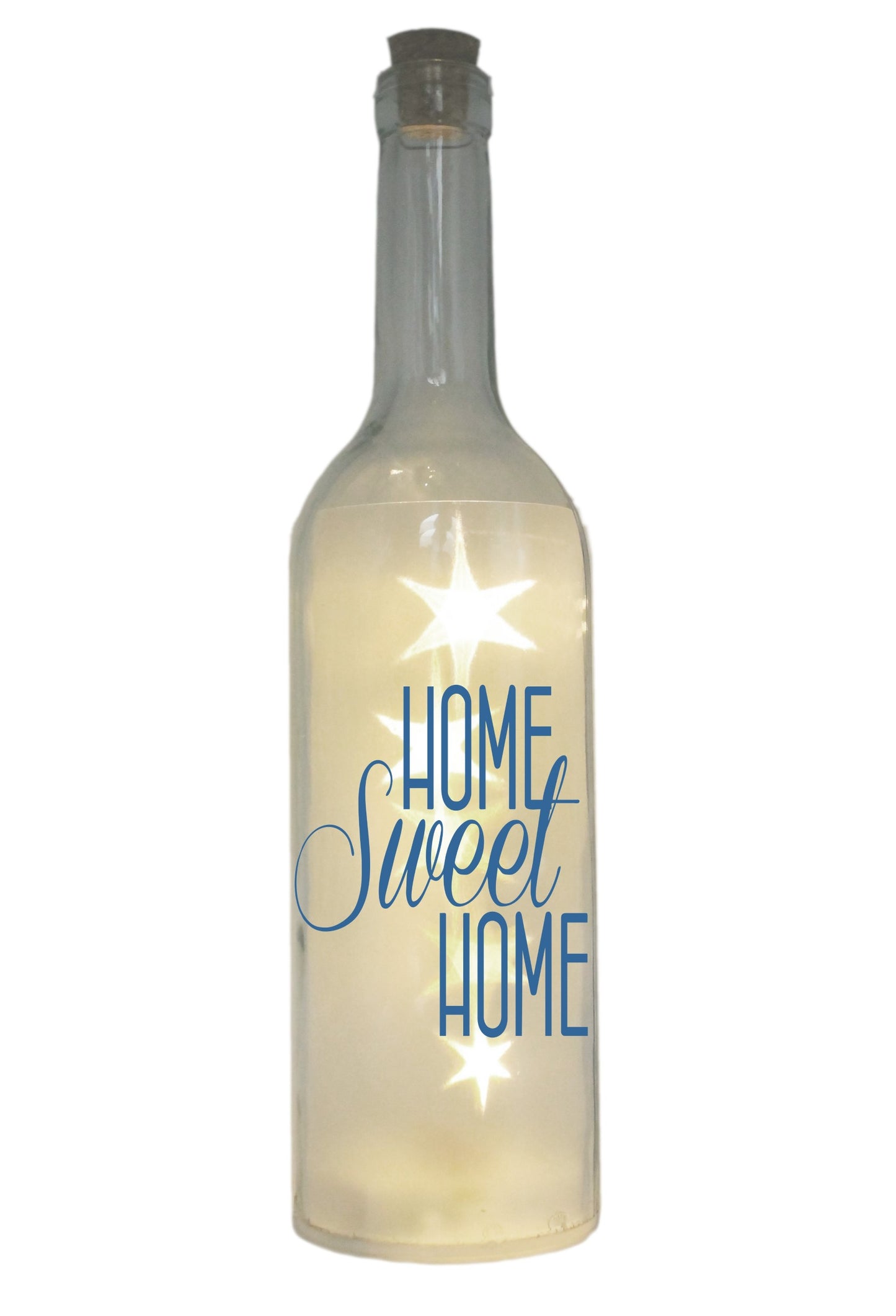 LED-Flasche mit Motiv, Home Sweet Home, blau, 29cm, Flaschen-Licht Lampe mit Text Spruch