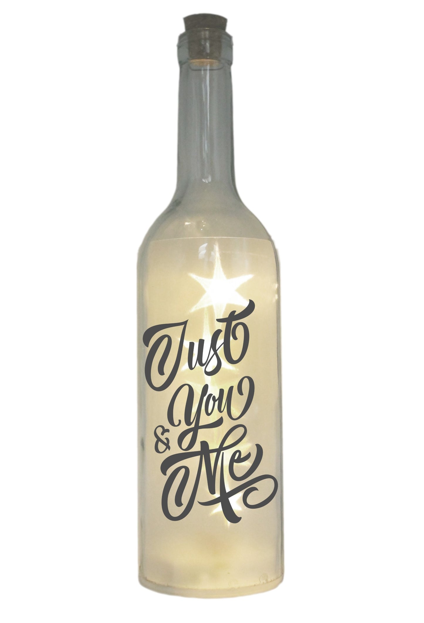 LED-Flasche mit Motiv, Just You & Me, grau, 29cm, Flaschen-Licht Lampe mit Text Spruch