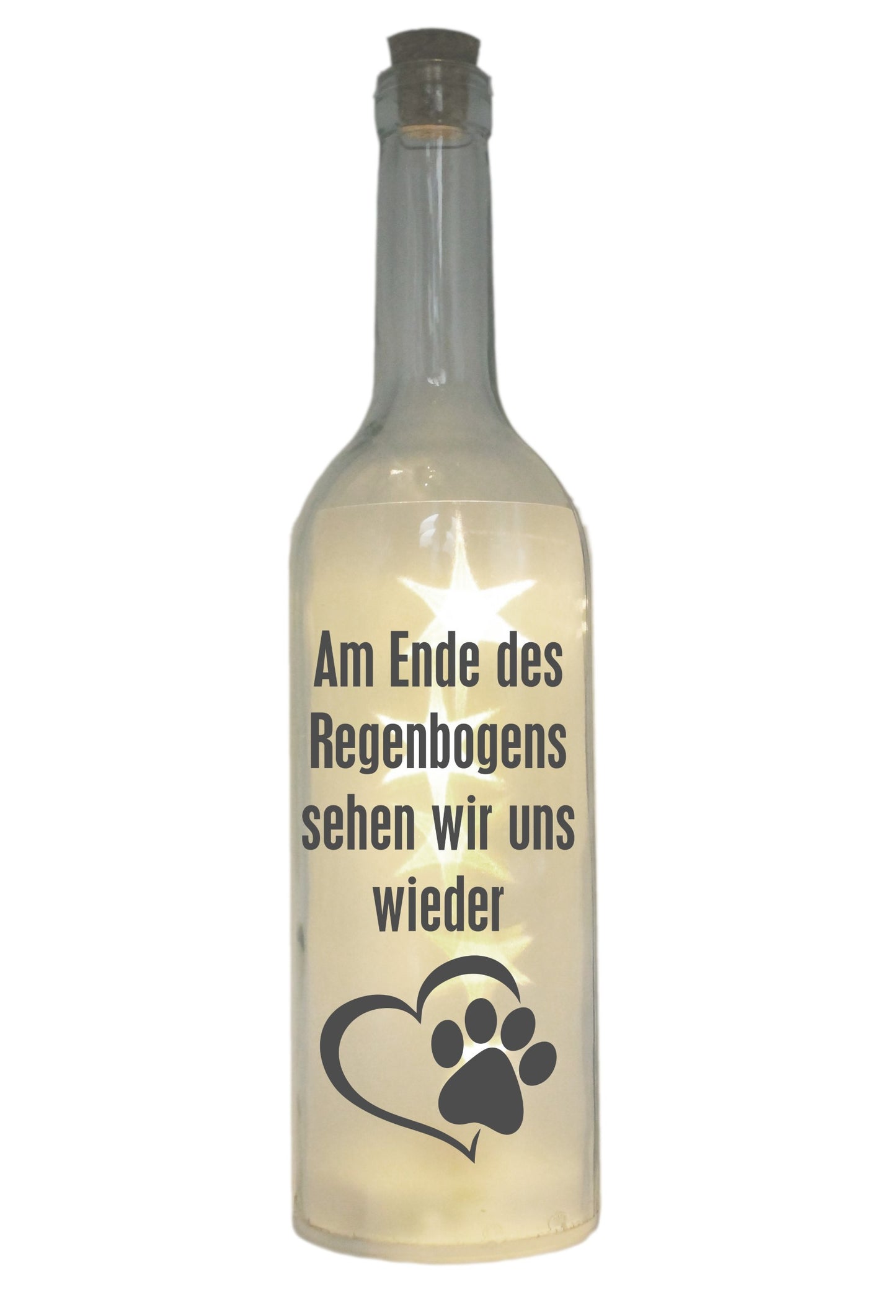 LED-Flasche mit Motiv, Am Ende des Regenbogens... / Hund Katze, grau, 29cm, Flaschen-Licht Lampe mit Text Spruch Trauer