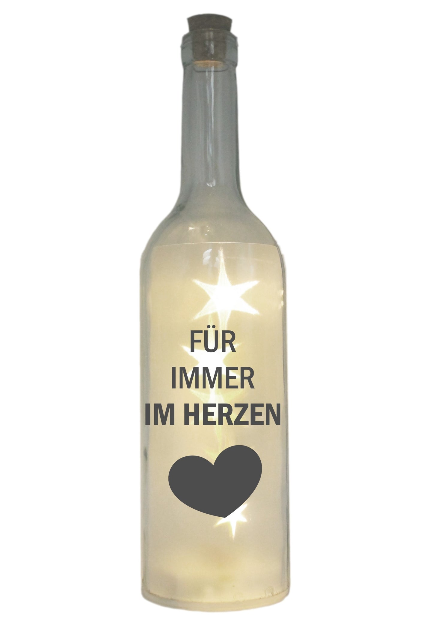 LED-Flasche mit Motiv, Für immer im Herzen, grau, 29cm, Flaschen-Licht Lampe mit Text Spruch Trauer
