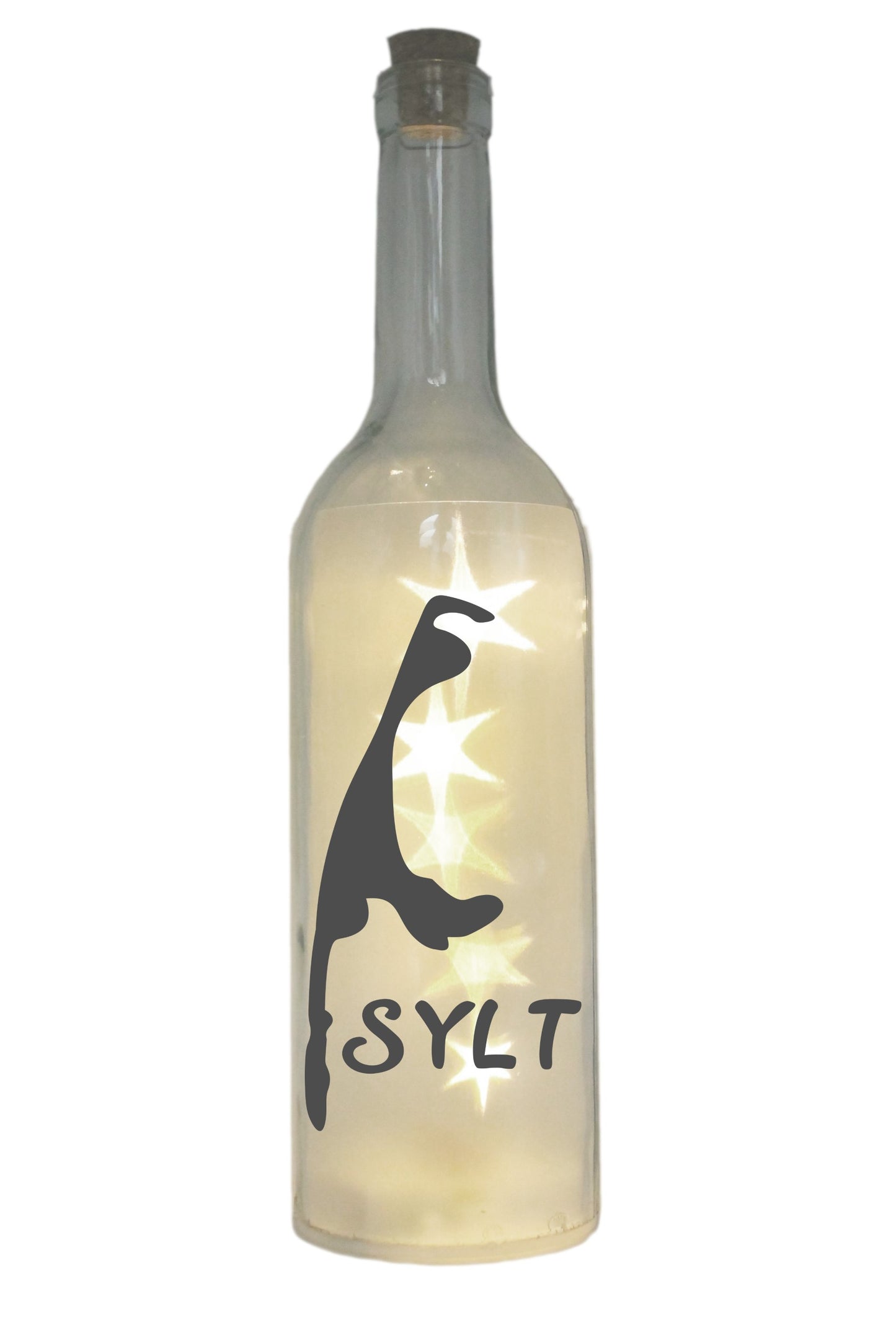 LED-Flasche mit Motiv, Insel Sylt Silhouette, grau, 29cm, Flaschen-Licht Lampe mit Text Spruch
