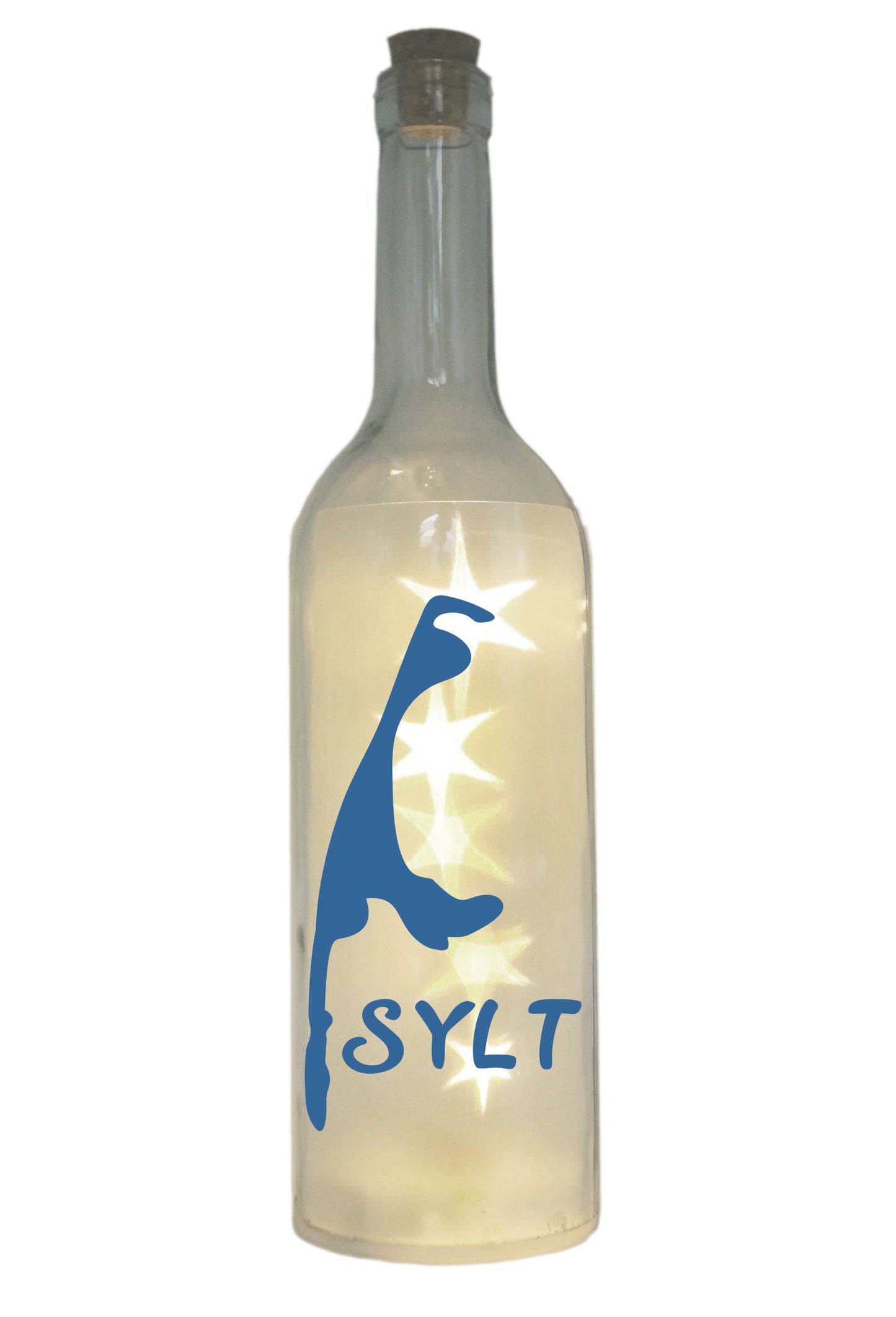 LED-Flasche mit Motiv, Insel Sylt Silhouette, blau, 29cm, Flaschen-Licht Lampe mit Text Spruch