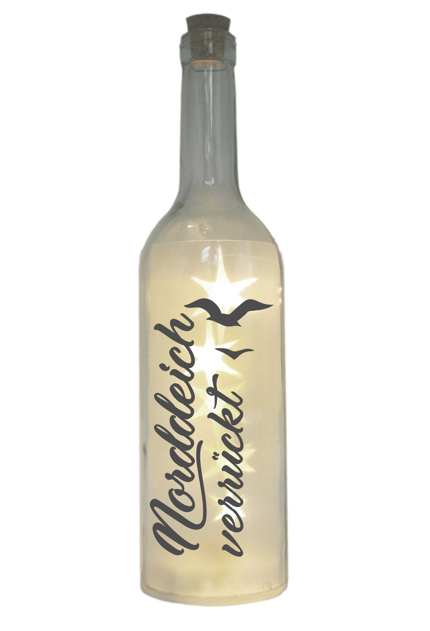 LED-Flasche mit Motiv, Norddeich verrückt mit Möwen, grau, 29cm, Flaschen-Licht Lampe mit Text Spruch
